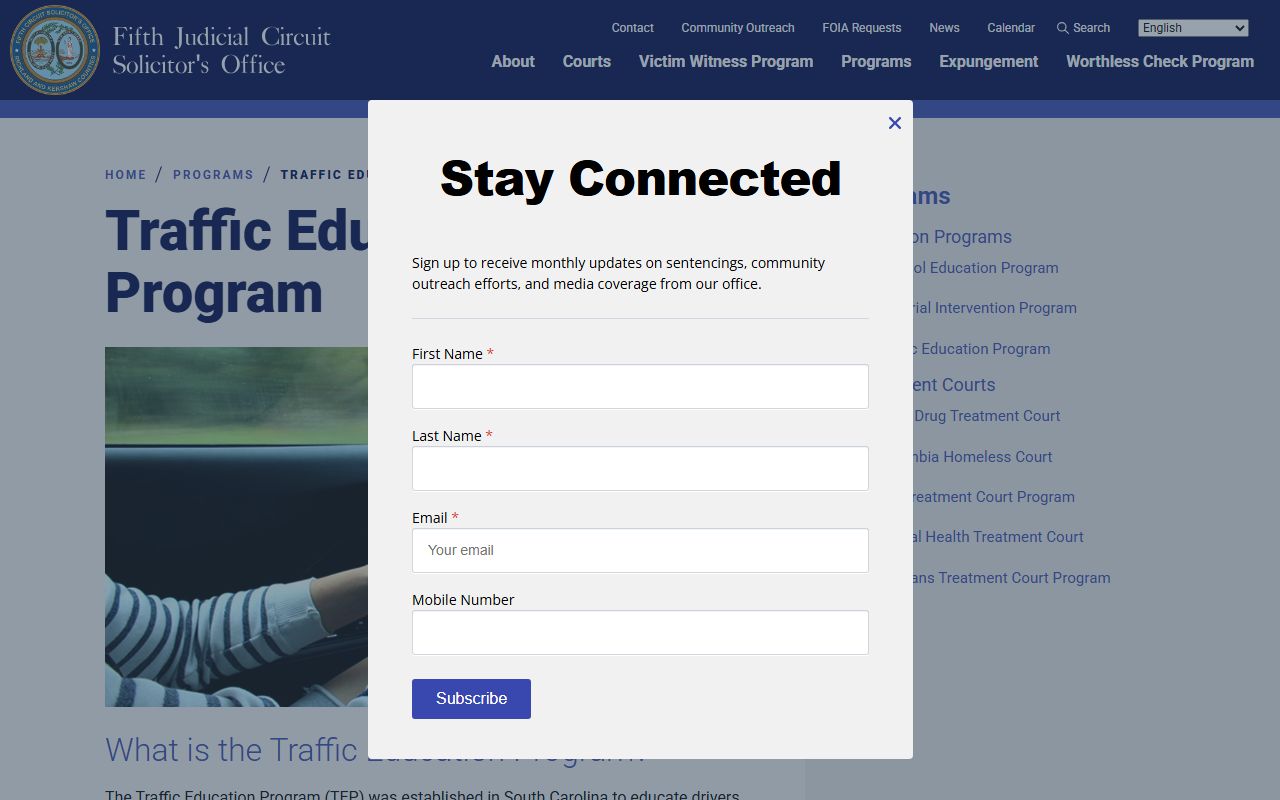 Kershaw County court dockets Fifth Circuit traffic education program information