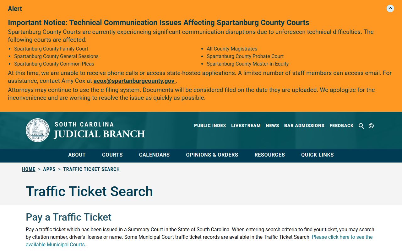 Kershaw County court dockets South Carolina traffic ticket search page
