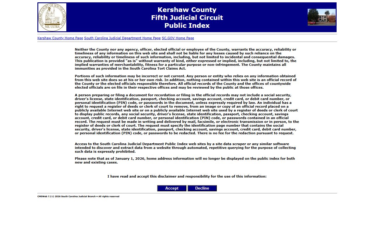 Kershaw County court records Public Index search page