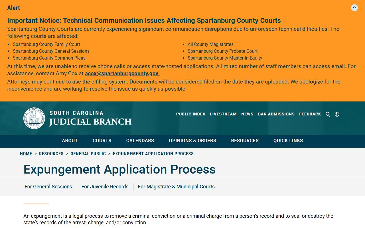 Kershaw County criminal court records state expungement application process