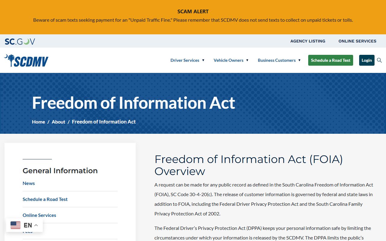 Kershaw County traffic court records SCDMV FOIA page