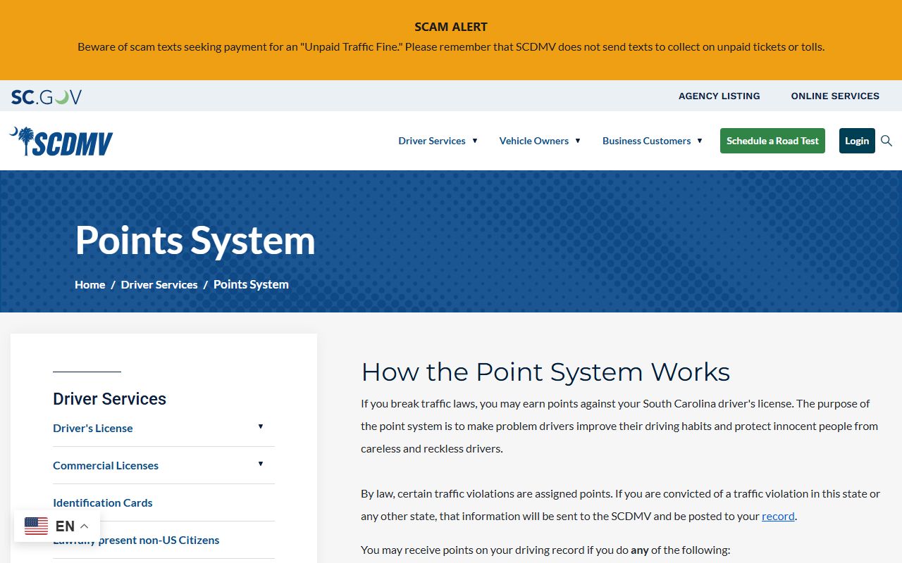 Kershaw County traffic court records SCDMV points system page